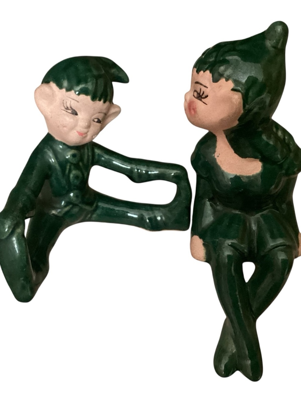 Vintage 50’s Gilner Pixie Elves Shelf Sitter Kissing Girl & Boy set of 2 Green